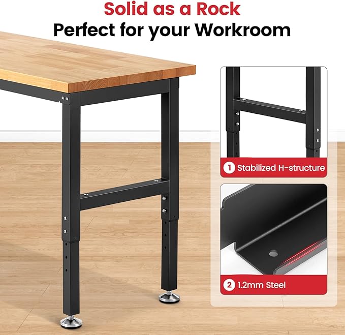 Work Bench for Garage Workbench Adjustable Height Work Table for Shop Woodworking, 41 x 20 Heavy Duty Rubber Wood Top for Office, Home, Commercial