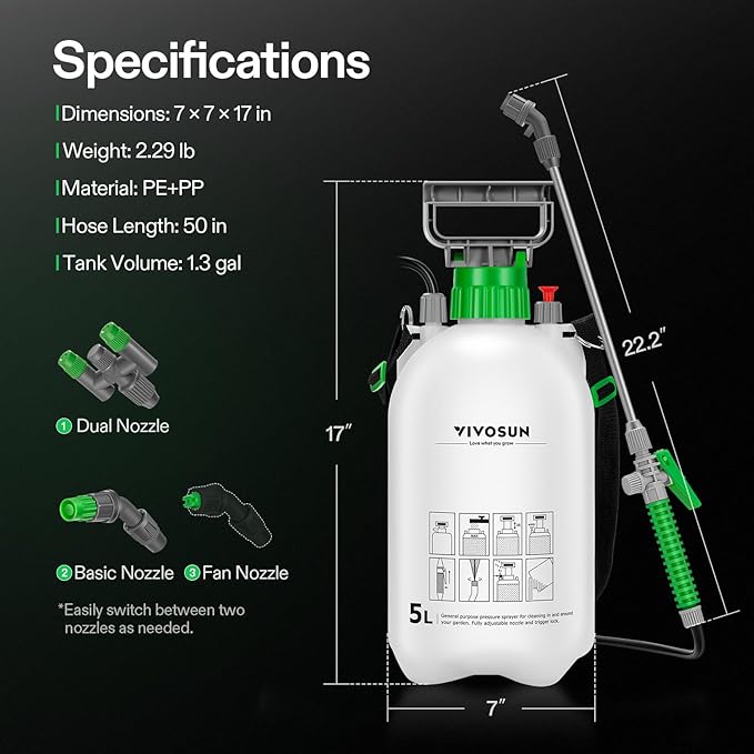 VIVOSUN 1.35 Gal/5L Pump Sprayer, Garden Water Sprayer for Plants, Weeds & Lawn Care, with 3 Nozzles, 50'' Long Hose & Pressure Relief Valve