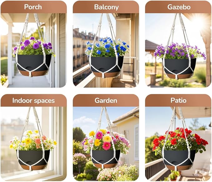 12 Inch Hanging Baskets for Plants Outdoor, Hanging Planters for Indoor Outdoor Plants, Hanging Planter with Self Watering, Hanging Flower Pots (Black Planter with Macrame + Iron Hangers)