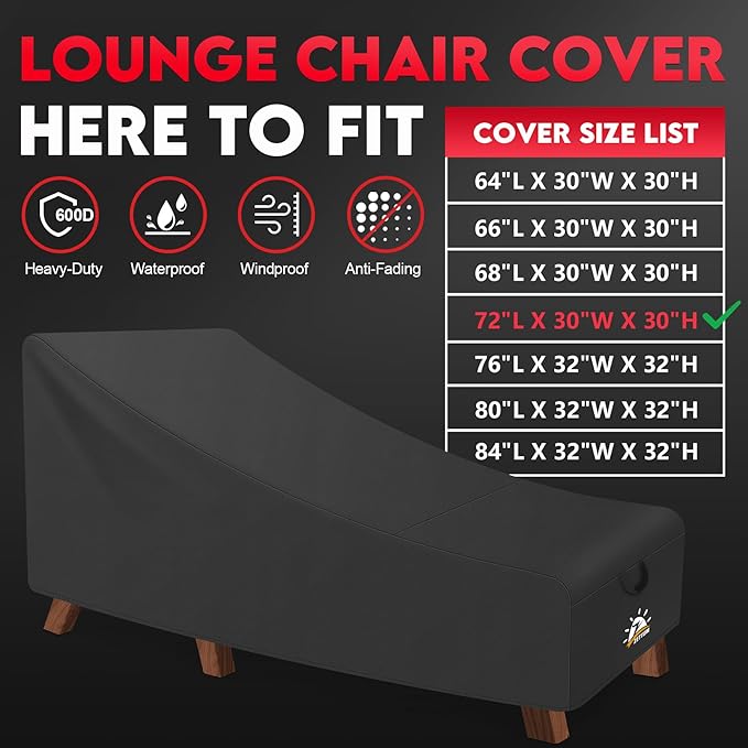 Outdoor Lounge Chair Cover - Waterproof Patio Chaise Lounge Chair Cover, 600D Heavy Duty Fade-Resistant Outdoor Seating Covers for Pool Lounge Chair, Lawn Bench Furniture 72 x 30 x 30 Inch