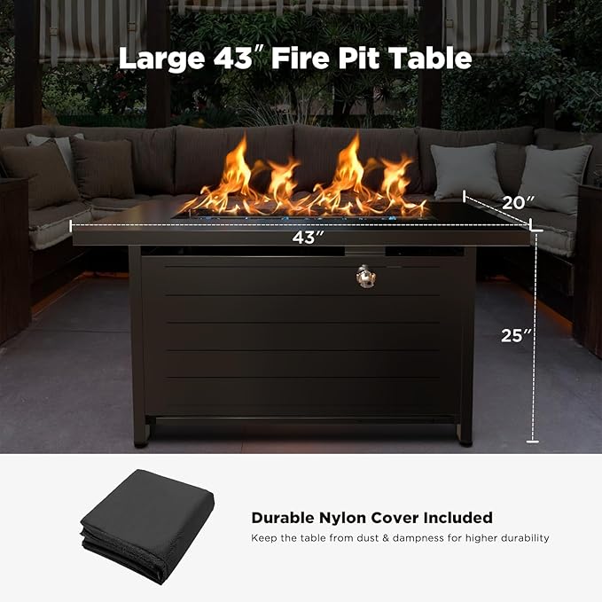 Ciays 43″ Propane Fire Pit Table with Glass Beads & Lid, CSA-Certified Gas Fire Pit with Cup Holders, Hanging Shelf & Nylon Cover, Outdoor Fire Pit for Patio/Deck, 60,000 BTU Heat Output, CIFPT9B