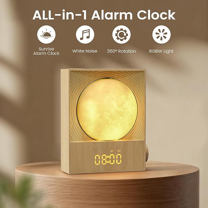 Sunrise Alarm Clock, 360-Degree Rotating Moonlight & 10 White Noise Sounds, Dual Alarm & Snooze for Heavy Sleeper, Timer, Wooden Bedroom Light Gift - Wood