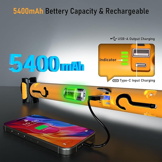 Work Light for Mechanic,3200LM LED Work Lights,5400mAh Rechargeable Magnetic Light bar,Portable Automotive Tools Underhood Light with Hooks for Car Garage Workshop Emergency,Gifts for Him, Yellow