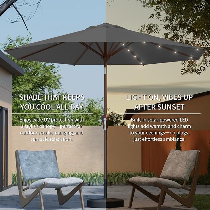 10FT Solar Umbrella 32 LED Lighted Patio Umbrella Table Market Umbrella w/Tilt and Crank, UV-Resistant Outdoor Umbrella for Pool, Garden, Deck, Gray