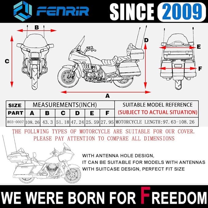 FENRIR 108" Motorcycle Cover Waterproof Outdoor Storage Exhaust Pipe Anti-Scalding Antenna Hole for Harley Davidson Touring Road Glide Ultra Limited Indian Roadmaster Pursuit Honda Gold Wing K1600GTL