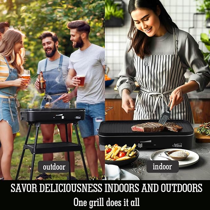 Upgrade Version - Artestia 1800W Electric Outdoor Grill with Lid Indoor Smokeless BBQ Grills with Temperature Control Portable Removable Stand Grill for Cooking, BBQ Party, Family
