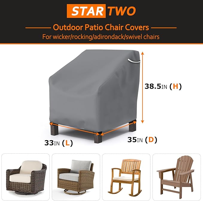 STARTWO Patio Outdoor Chair Covers 2 Pack, Outdoor Furniture Covers Waterproof adapter for Lawn Lounge Seat, Wicker, Swivel, Adirondack,Rocking Chairs,33W x 35D x 38.5H inch,Grey