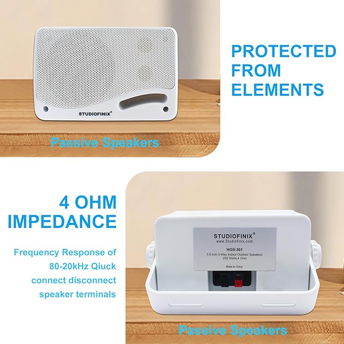 STUDIOFINIX Passive Outdoor Speakers Wired Waterproof -3.5 Inch 3 Way 200W Surface Marine & Wall Mount Speakers, Suitable for Home, Boat, Poolside, Patio, Indoor Outdoor Use(White
