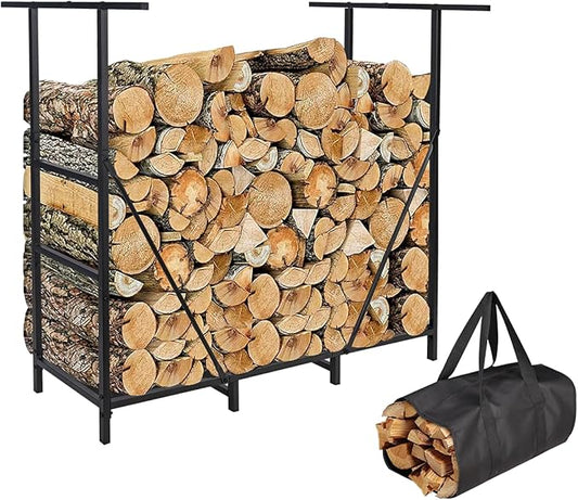 Vailge Firewood Rack Outdoor 4FT with Waterproof Firewood Carrier Bag, Adjustable Heavy Duty Steel Firewood Holder Storage, Log Rack for Fireplace, Fire Pit, Backyard, Camping