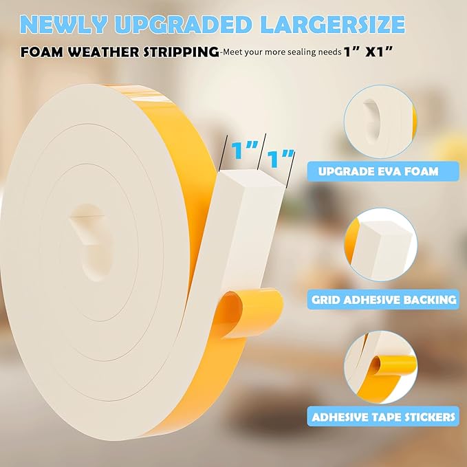 1"×1" EVA Foam Strips with Adhesive Weather Stripping Tape Larger Foam Weather Stripping Strip for Large Gap Insulation (1"×1",13FT,White)