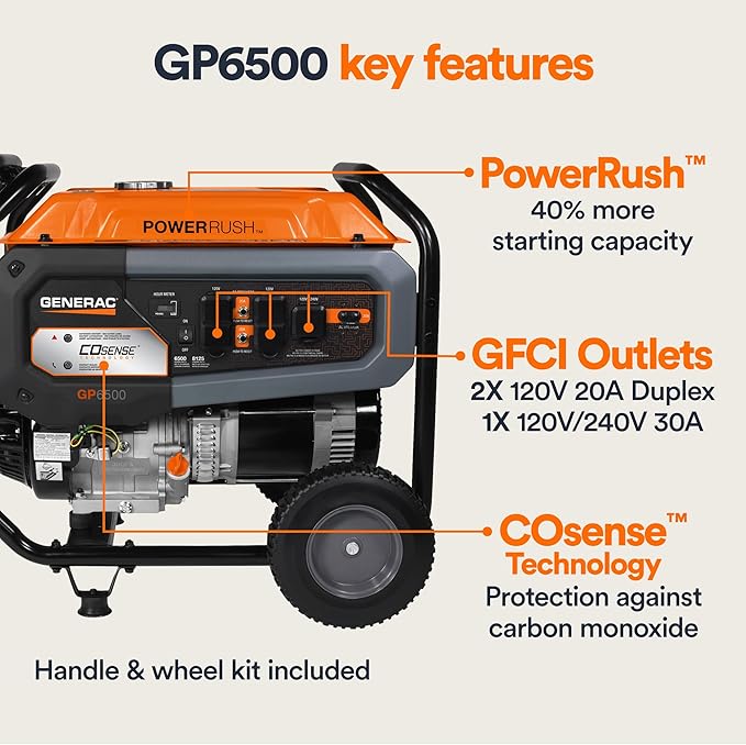 Generac 8,125/6,500-Watt Portable Gas Generator - Electric Start - Includes Extension Cord - Home or RV Ready - Quiet, Long Runtime, Emergency Power - 49-State Compliant
