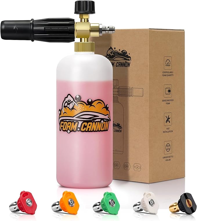 Foam Cannon Kit, 1L Bottle Snow Foam Cannon with 5 Pressure Washer Nozzle Tips, 1/4 Inch Quick Connector, Compatible with Gas Pressure Washers&Electric Pressure Washers