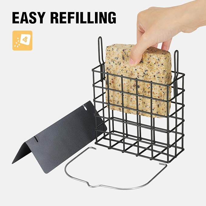 Veehoo 2Pcs Suet Bird Feeder for Outside Hanging with Metal Roof-Suet Cakes Cage Bird Feeder for Outdoors Hanging, Outdoor Garden Wild Bird Feeder Suet Holder, Woodpecker Feeder, Black
