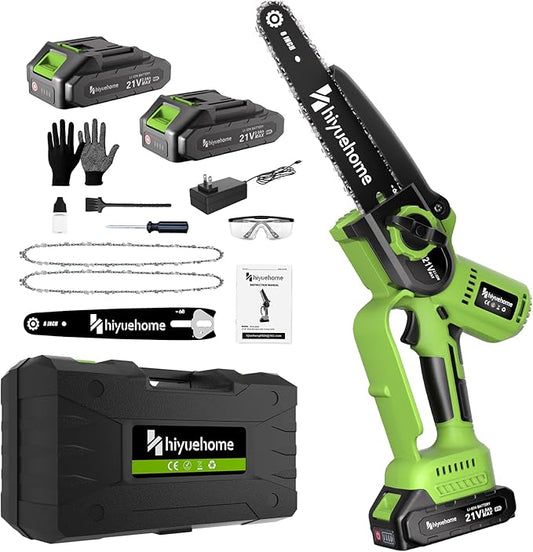 Mini Chainsaw 8inch, Chainsaw Cordless w Automatic Oiler, Handheld Electric Power Chain Saw w Security Lock, Brushless Motor,Chainsaws for Wood/Trees Trimming (Green - 2 batteries, 8 INCH)