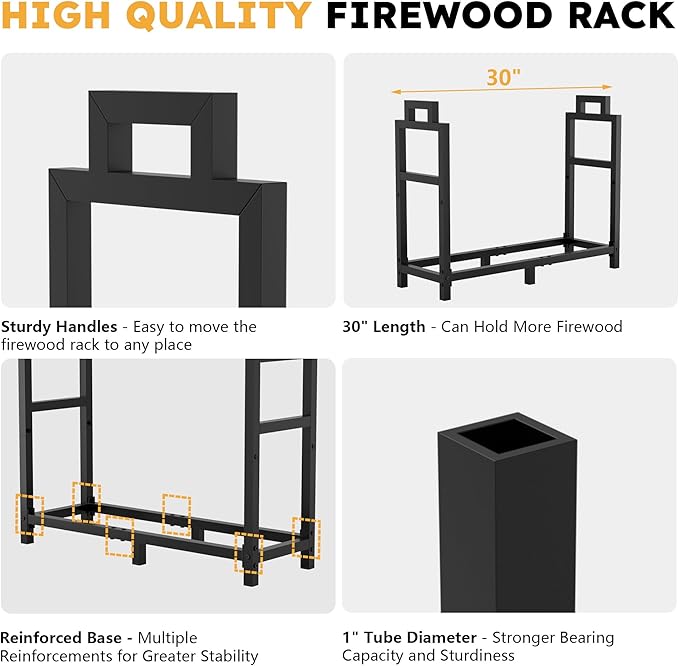 30 Inch Firewood Rack Outdoor Indoor with Handle and Log Carrier Bag, Stable Metal Wood Rack Heavy Duty Log Holder for Fireplace Patio Deck, Rustproof Firewood Storage Organizer Tool, Black, Square