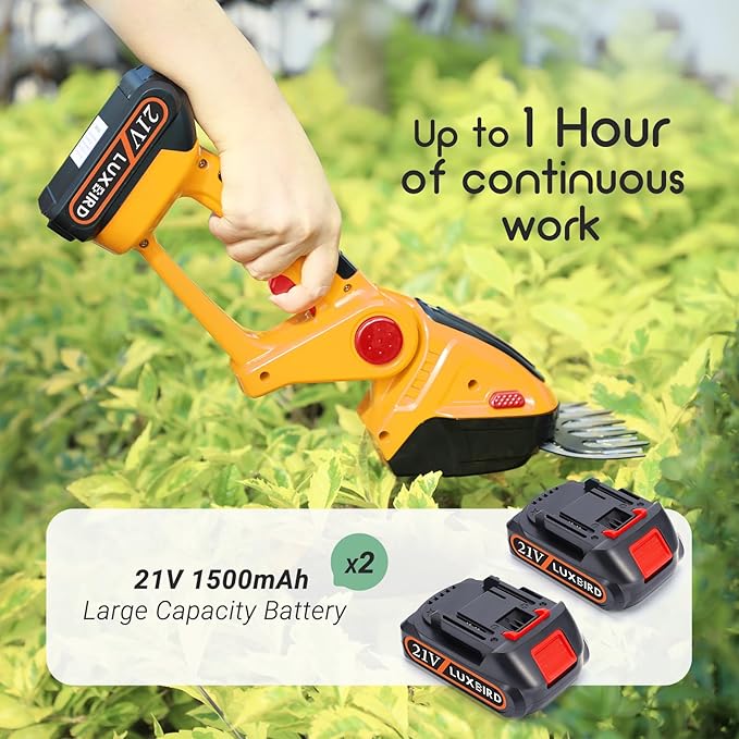 LUXBIRD 2-in-1 Mini Hedge Trimmer Cordless,Light Handheld Grass Trimmer, Electric Shrub Trimmer with 2Pcs Rechargeable Batteries (Yellow)