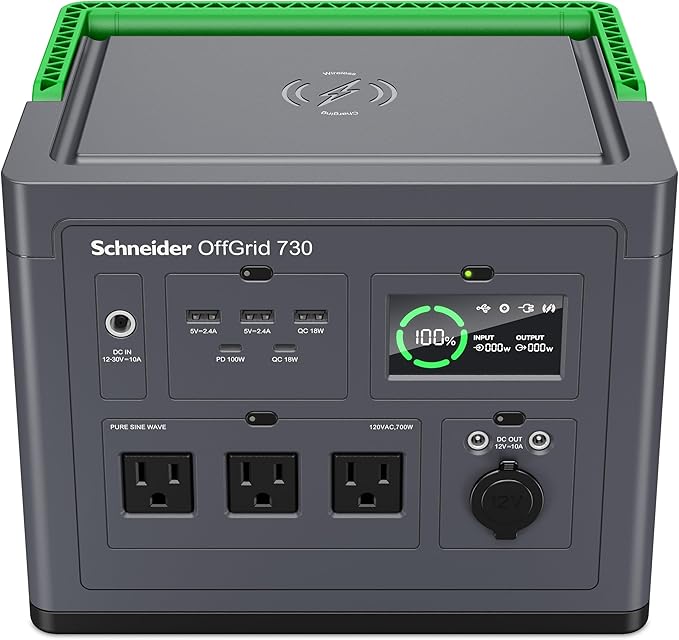 Schneider OffGrid Portable Power Station 738W / 728Wh Portable Solar Generator for Camping or Home, PPS730, Wireless phone charger, solar generator options
