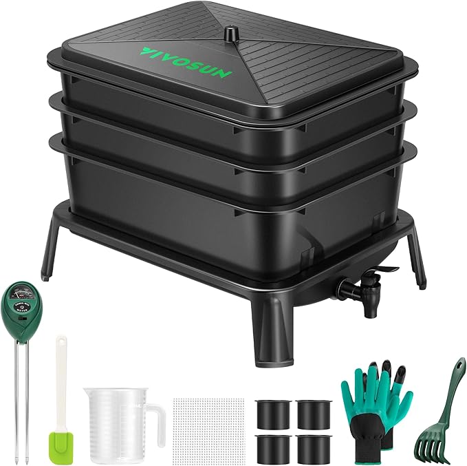 VIVOSUN 3-Layer Worm Compost Bin, 30L Worm Composter, Easy Setup Inclusive Worm Farm Kit for Recycling Food Waste