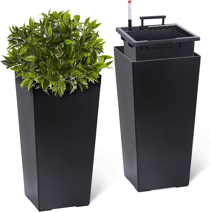 GarveeLife 22.5 in Tall Planters Set of 2, Outdoor&Indoor Black Planter Pots, High Front Porch Planter Pots with Drainage Holes&Water Level Monitor&Inner Bucket, Automatic Watering, Black