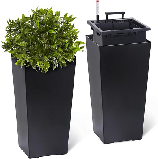 GarveeLife 22.5 in Tall Planters Set of 2, Outdoor&Indoor Black Planter Pots, High Front Porch Planter Pots with Drainage Holes&Water Level Monitor&Inner Bucket, Automatic Watering, Black