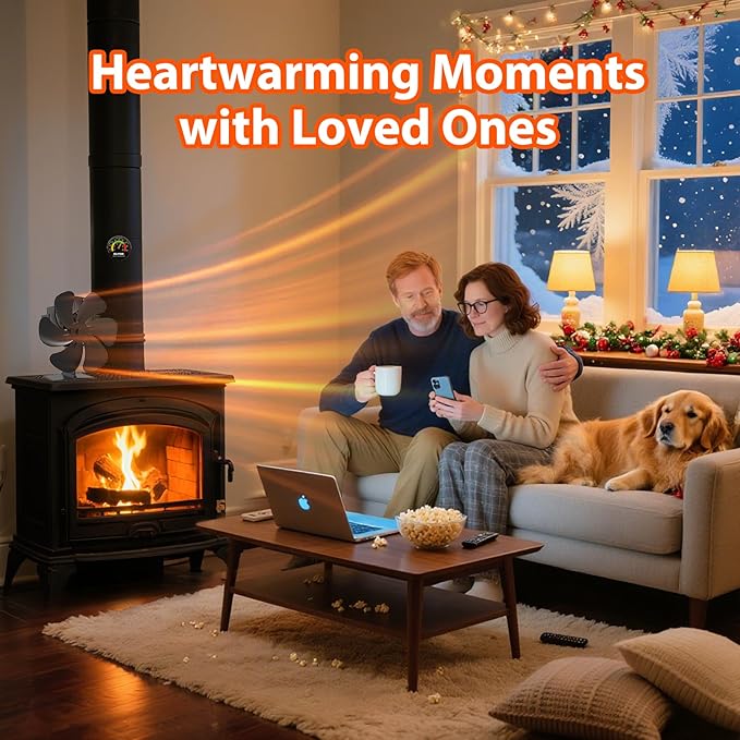 Wood Stove Fan Heat Powered | 6- Blade Thermoelectric Fireplace Fan | Eco Cocoon Fan Non Electric w/Stove Thermometer | Stove Accessories