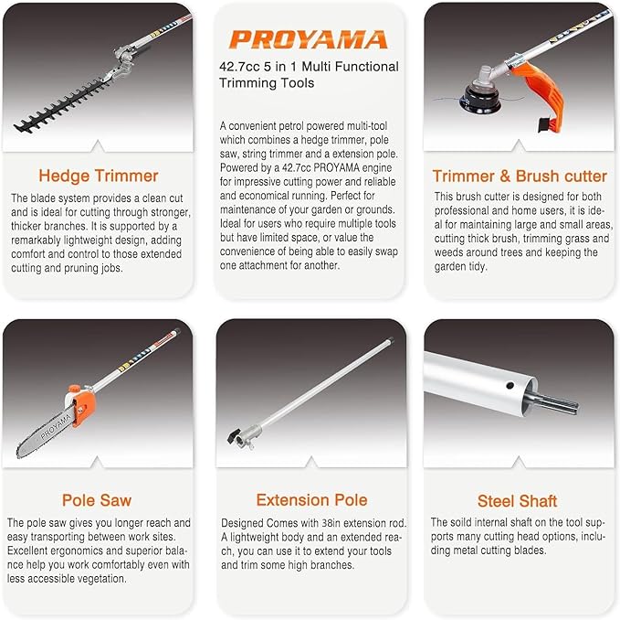 PROYAMA Powerful 42.7cc 5 in 1 Multi Functional Trimming Tools,Gas Hedge Trimmer,Weed Eater,String Trimmer, Brush Cutter,Pole Saw with Extension Pole