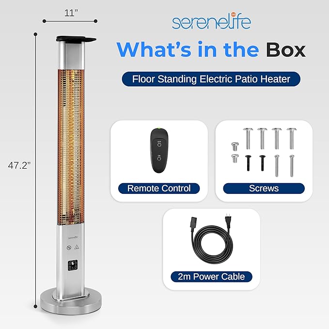 SereneLife Outdoor Electric Patio Heater - 1500W High-Efficiency Infrared Heating, Remote Control Standing Heater with Aluminum Reflector, Waterproof Design, IP65 Approved, Quiet Operation
