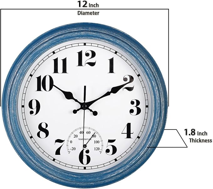 JENLYSTIME 12 Inch Indoor/Outdoor Retro Waterproof Wall Clock with Thermometer Silent Round Quartz Battery Operated Easy to Read Decorative for Kitchen Patio,Bathroom,Deck,Porch,Pool(Blue)