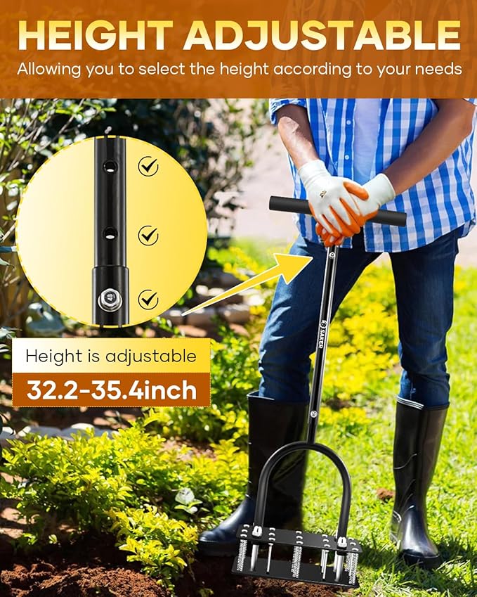 Saker Lawn Aerator Tool, Lawn Aerator with 15 Iron Spikes, Automatic Leaf and Dirt Cleaning with Spring-Loaded Design, Metal Manual Aerator for Loosening Soil Aerating Patio, Yard, Garden Black