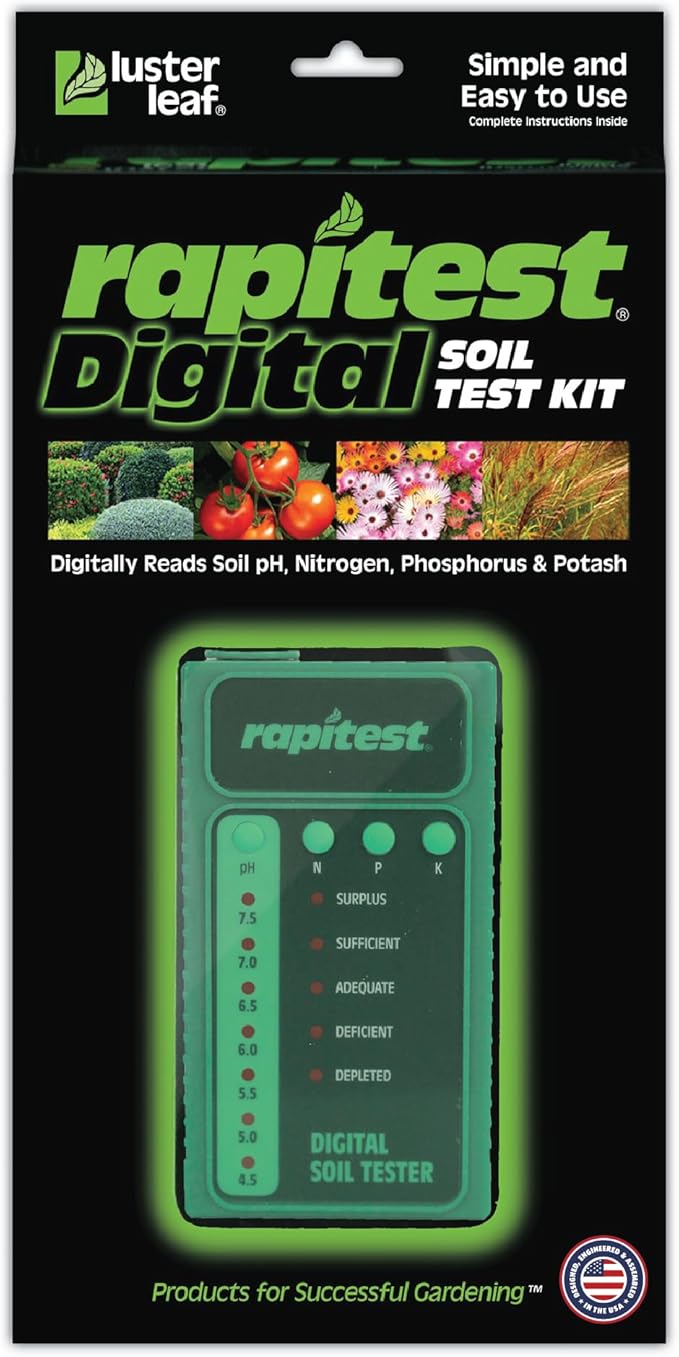 Rapitest Soil Test Kit for Gardens, Vegetables, Flowers and Lawns. USA designed and assembled soil tester completely, quickly and accurately measures/analyzes soil pH acidity and garden nutrients