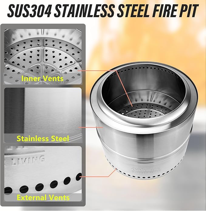 Onlyfire Smokeless Fire Pit with Carrying Bag, 20” Portable Outdoor Fire Pit for Camping Tailgating Patio Backyard Bonfire Party, 360°Air Flow Wood Burning Fireplace, Stainless Steel