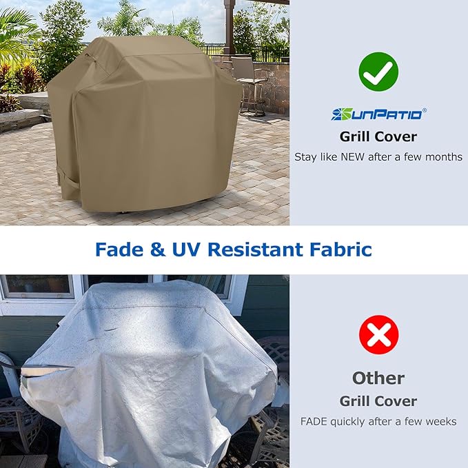 SunPatio BBQ Grill Cover for Outdoor Grill 65 Inch, Heavy Duty Waterproof Barbecue Cover with Sealed Seam, FadeStop All Weather Protection Compatible for Weber CharBroil Nexgrill and More, Taupe