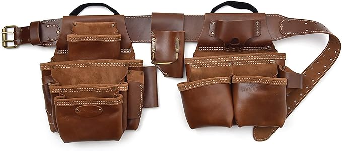 Style n Craft - 4 Piece and 19 Pockets Pro Framer’s Combo, Tool Belt with 2 Tool Pouches and 1 Pliers and Hammer Holder, Full-Grain Leather Carpenter Tool Belt Combo, Dark Tan (98444)