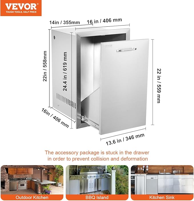 VEVOR Outdoor Kitchen Trash Drawer 16Wx22Hx16 D, Propane Tank Drawer, Stainless Steel Pull Out Trash Drawer with Handle, Outdoor Kitchen Cabinets Trash Can Pull Out, Outdoor BBQ Island Trash Bin