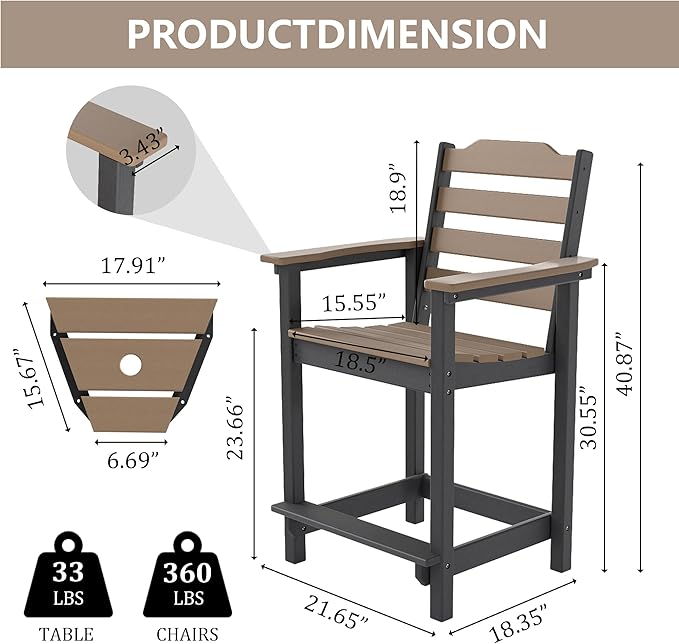 HDPE Tall Adirondack Chair, Weather Resistant Balcony Chairs for Garden, Backyard, Poolside, Capacity 300 LBS(4 PCS,Brown&Black)