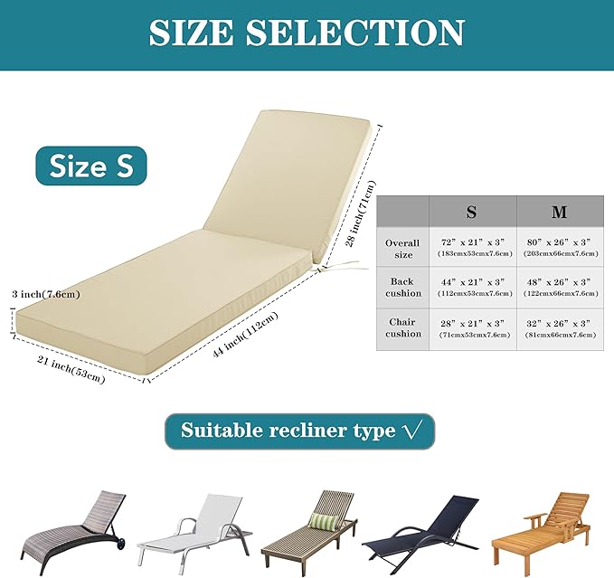 Chaise Lounge Cushion for Outdoor Furniture, Waterproof Fade and Tear Resistant Lounge Deck Chair Cushions for Patio Lawn Pool Resort Hotel, 72x21x3 Inch, Beige