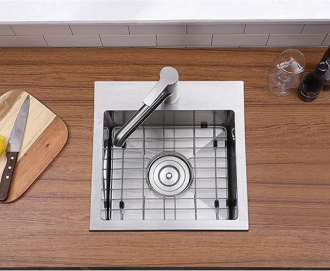 15x15 Inch Bar Sink Drop In, Topmount Kitchen Sink Stainless Steel Square Small Sinks, Single Bowl Kitchen Sinks for Laundry Wet Bar Prep RV Office Outdoor Yard