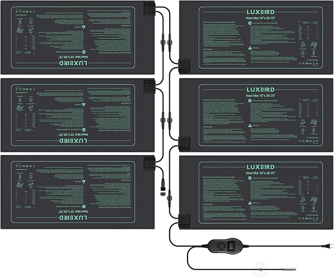 LUXBIRD 6 Pack 30W Seedling Heating Mats 10" x 20.75" with Thermostat Controller, Idea for Seed Starting, Germination, Greenhouse (LB-HT06)