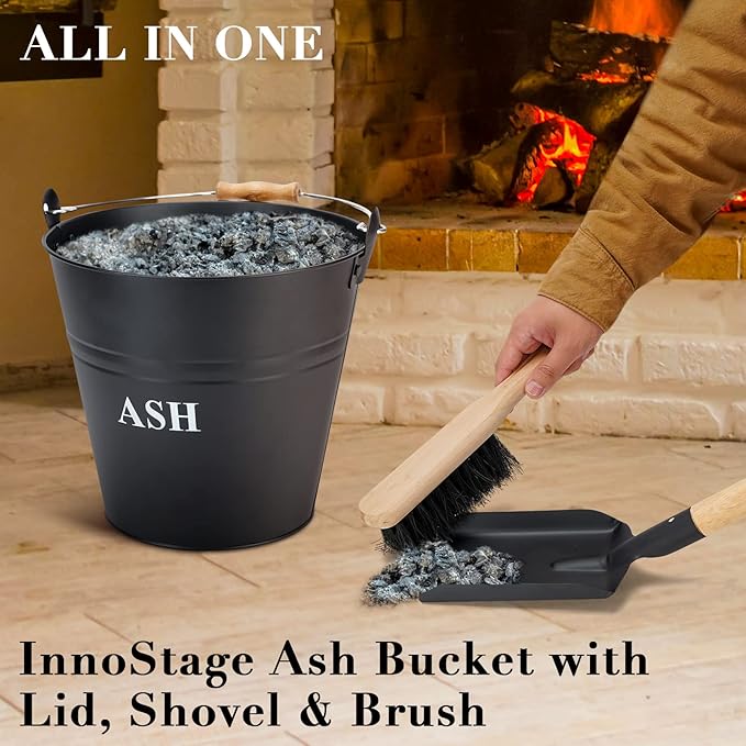 Ash Bucket with Lid, Shovel, and Broom - 3.5-Gallon Metal Ash Can for Fireplaces, Wood Stoves, and Fire Pits