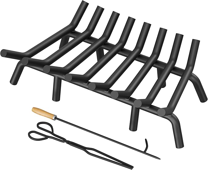 Fireplace Grate 30 Inch with 8 Support Legs, Round Solid Steel Heavy Duty Fireplace Log Holder with Fire Tongs & Poker, Fireplace Log Grate for Indoor Fireplace and Outdoor In-ground Firepit