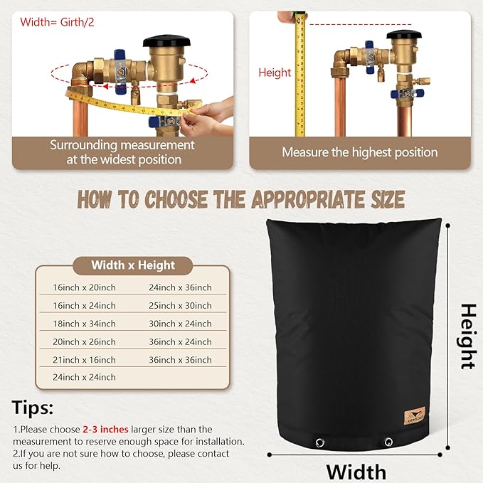Backflow Preventer Insulation Cover - Water Pipe Insulation Sprinkler Cover for Outside - Insulated Backflow Cover Pouch for Irrigation Back Flow Valve in Winter or Sun Exposure (16"W x 20"H, BLACK)