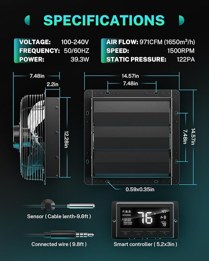 HG Power 12 Inch Attic Fan with Thermostat, 971 CFM Shutter Exhaust Fan with Smart Temperature Humidity Controller, Wall Mounted Greenhouse Fan with EC Motor for Garage, Shed Ventilation, Black