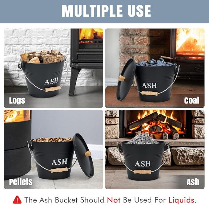 Mini Ash Bucket with Lid, Shovel and Broom, 1.5 Gallon Fireplace Metal Bucket with Lid, Charcoal Bucket and Ash Can for Fireplace, Fire Pits, Hearth, Wood Burning Stoves, Indoor and Outdoor