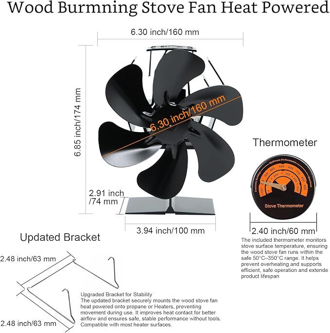 Wood Stove Fan Heat Powered, 6-Blade Thermoelectric Non-Electric Silent Operation Aluminum Fireplace Fan With Bracket Fixed On Propane Heater For Pellet Stoves Camping/Picnics/Indoor/Outdoor Black