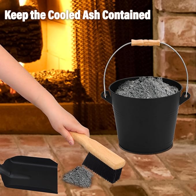 FEED GARDEN Mini Ash Bucket with Lid,Shovel,Broom and Screwdriver, 1.3 Gallon Galvanized Iron Coal Bucket for Fireplace Fire Pits Wood Stoves Indoor Outdoor,Black