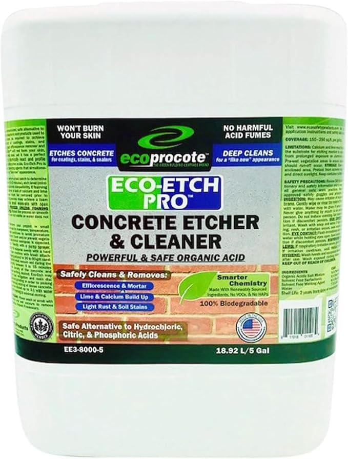 Eco Etch Pro Concrete Cleaner & Etcher Dissolver - Efflorescence, Rust & Dirt Remover from Brick, Driveway, Garage - Gentle Substitute for Citric Acid - Non-Toxic & Safe - 5 Gallon