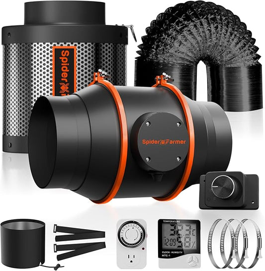 Spider Farmer Air Filtration Kit 6 Inch, Inline Duct Fan with RJ12 Speed Humidity Controller, Carbon Filter Combo, 25 Ft Ducting, Ventilation System Kit for Grow Tents, Hydroponics, Indoor Gardening