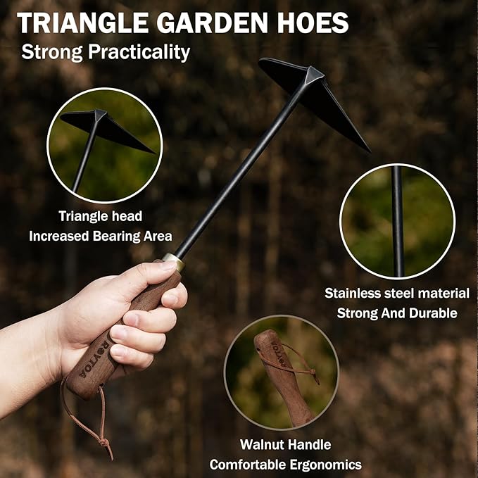 Triangle Hand Hoe, Heavy Duty Stainless Steel Weed Puller and Weed Remover Gardening Tool with Walnut Handle for Weeding, Soil Loosening and Cultivating