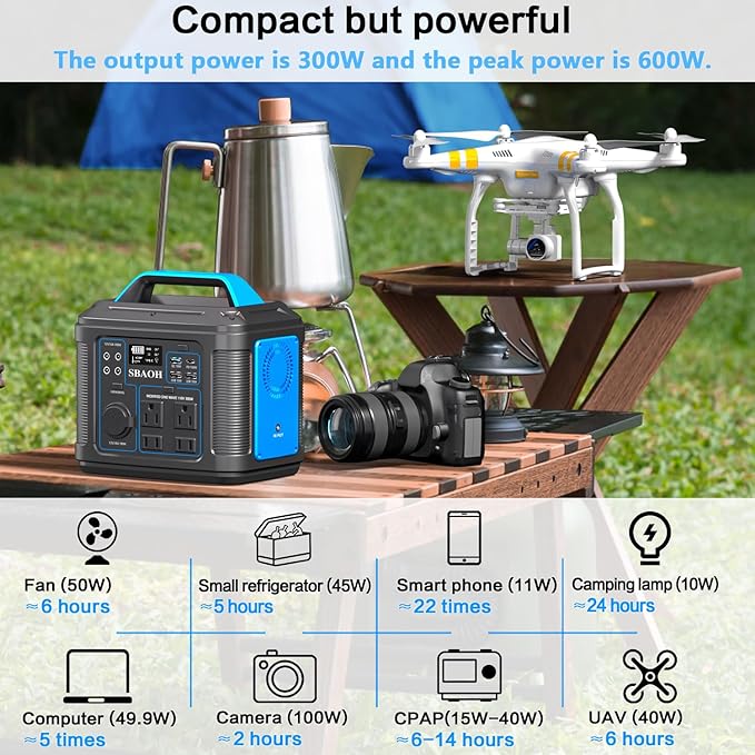 Portable Power Station, 300W 296Wh Solar Generator Quick Charge / 110V AC Outlets/DC Ports and LED Flashlight, Lithium Battery Backup for Home Outdoor Travel Camping Blackout blue