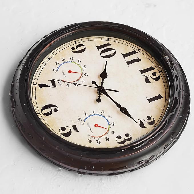JENLYSTIME 13 Inch Dark Brown Vintage Waterproof Indoor/Outdoor Wall Clock with Thermometer & Hygrometer Large Silent Numerals & Accurate Timekeeping for Living Room, Porch&Garden&Pool